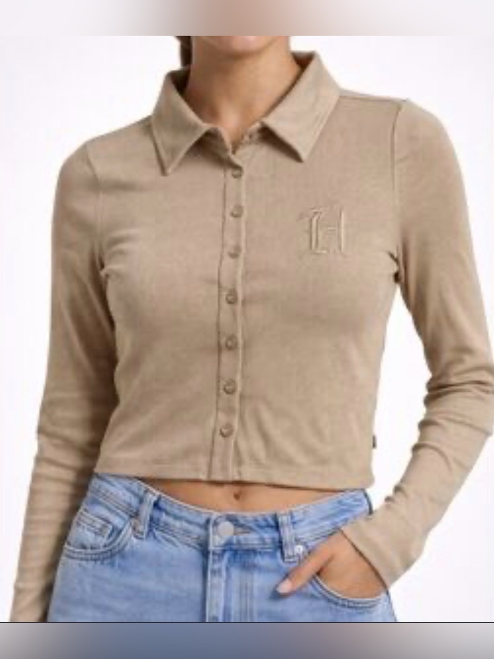 NWT Honor The Gift Ribbed Stretch Crop Long Sleeve Tan Small